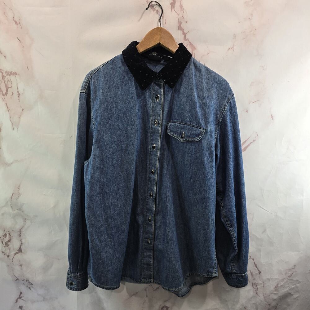 Vintage Jean Shirt Womens XL 90s Chambray Velvet Collar Button Jewel Gem Bling